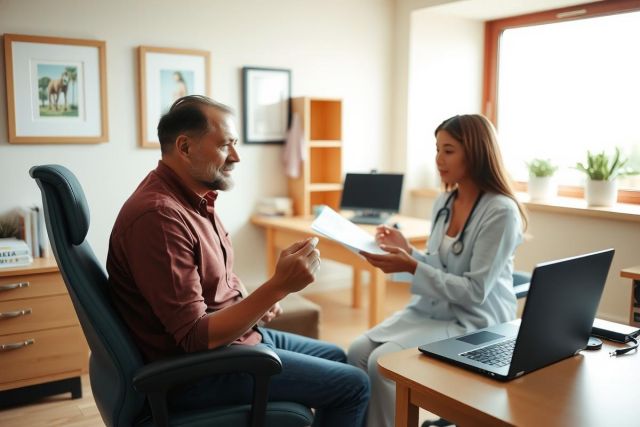 A male and female medical professional in an office, engaging in a discussion. They are seated across from each other at a desk with laptops, books, and papers spread out.