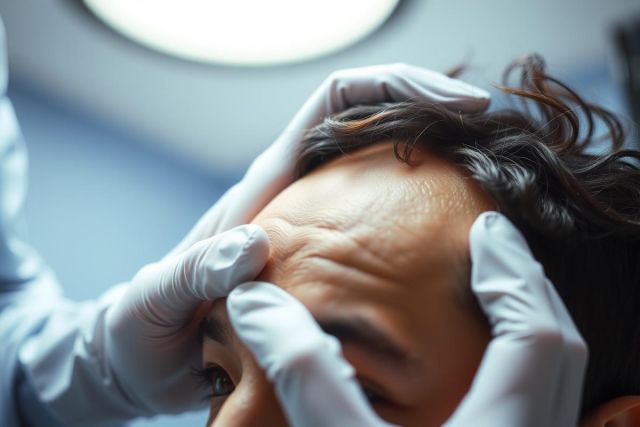Close-up of a medical professional in gloves examining a patient's face. Focus on facial assessment, possibly dermatology or cosmetic procedure. Soft lighting, neutral background.