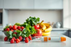 Healthy lifestyle concept: Fresh fruits (strawberries, blueberries, bananas, apples) and leafy greens in a kitchen setting. Includes an insulin pen, suggesting diabetes management. Vibrant colors and a clean, modern aesthetic emphasize wellness and nutrition.