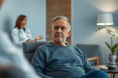 Concerned elderly man sits in a modern medical waiting room, listening to a doctor in the background. Soft blue and gray tones create a calm, healthcare setting. Focus on patient care, healthcare consultation, and senior health.