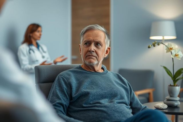Concerned elderly man sits in a modern medical waiting room, listening to a doctor in the background. Soft blue and gray tones create a calm, healthcare setting. Focus on patient care, healthcare consultation, and senior health.