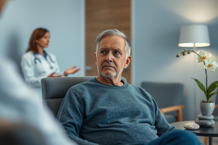 Concerned elderly man sits in a modern medical waiting room, listening to a doctor in the background. Soft blue and gray tones create a calm, healthcare setting. Focus on patient care, healthcare consultation, and senior health.