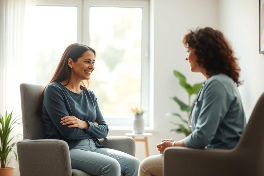 Two women in a bright, modern living room engaged in conversation. They are seated comfortably, suggesting friendship or therapy. Soft blues and grays dominate the color palette, creating a calming atmosphere. Focus on connection and communication.