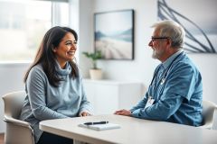 Doctor and patient consultation in a bright, modern medical office. A smiling woman speaks with a male doctor wearing a blue coat and stethoscope. The scene features a neutral color palette with accents of green from a potted plant, suggesting healthcare, wellness, and patient care.