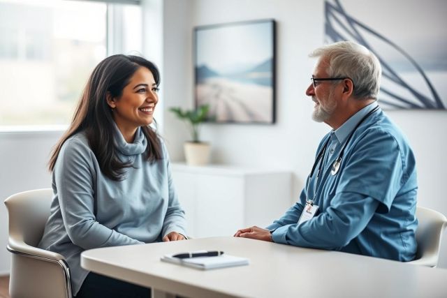 Doctor and patient consultation in a bright, modern medical office. A smiling woman speaks with a male doctor wearing a blue coat and stethoscope. The scene features a neutral color palette with accents of green from a potted plant, suggesting healthcare, wellness, and patient care.