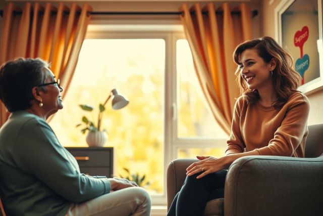 Two people are having a conversation in a living room. The scene depicts a relaxed and intimate setting with warm lighting and comfortable furniture. The image showcases connection and communication.