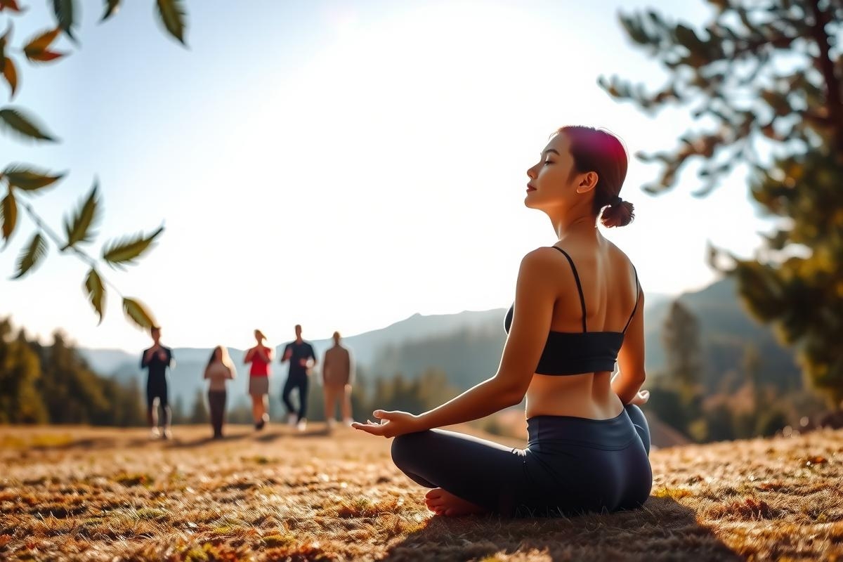 The image shows a person in an outdoor setting, likely at a trailhead or campground. They are seated on the ground with their back to the camera, engaged in what appears to be a yoga pose.