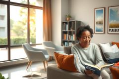The image shows a woman in a modern living room, comfortably seated on a couch. She is engaged in reading a book that she holds with both hands.