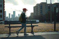In the image, a young person is depicted in an urban setting. They are wearing a green hoodie and a red baseball cap, running on the sidewalk next to a park bench. The person appears to be using their cell phone while moving. 