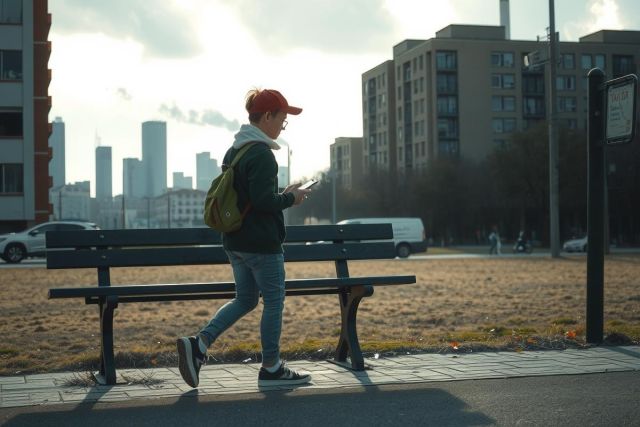 In the image, a young person is depicted in an urban setting. They are wearing a green hoodie and a red baseball cap, running on the sidewalk next to a park bench. The person appears to be using their cell phone while moving. 