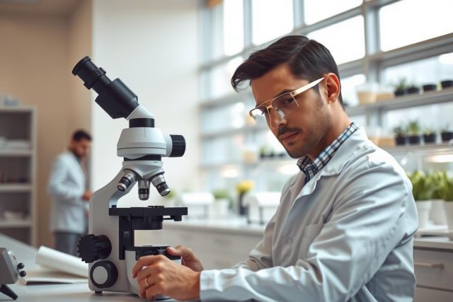 Scientist examining a microscope in a lab. He wears a lab coat and glasses. The environment showcases scientific equipment and plants. A colleague is visible in the background. Focus is on research and experimentation.