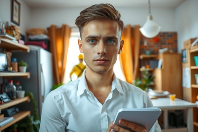 Man sitting at a kitchen table with a thoughtful expression, holding a pen and notebook. The scene is brightly lit, suggesting a calm and reflective atmosphere. Background includes a refrigerator and shelves of various items.