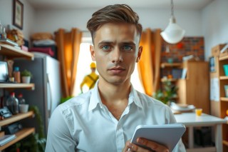Man sitting at a kitchen table with a thoughtful expression, holding a pen and notebook. The scene is brightly lit, suggesting a calm and reflective atmosphere. Background includes a refrigerator and shelves of various items.