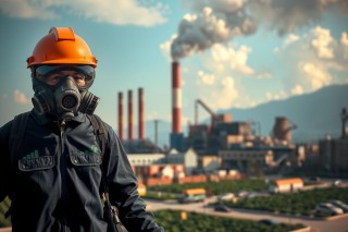 The image depicts an industrial worker wearing protective clothing, standing in front of a factory emitting pollution. The worker is facing the camera with a serious expression, emphasizing environmental concerns.