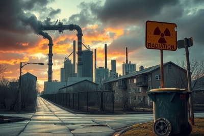 The image shows a large industrial complex during sunset. The scene is dominated by smokestacks and pipes, suggesting heavy industry operations such as coal or oil processing.