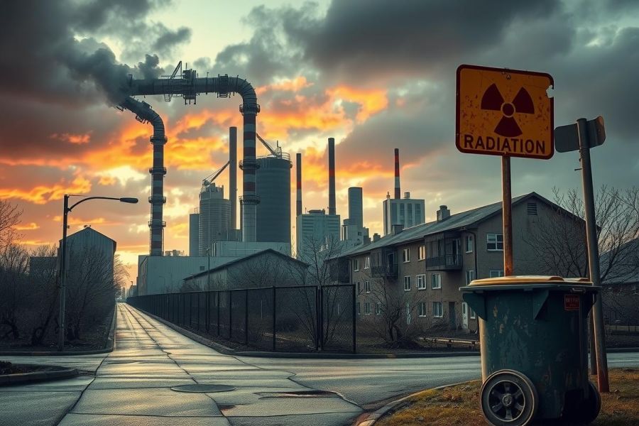The image shows a large industrial complex during sunset. The scene is dominated by smokestacks and pipes, suggesting heavy industry operations such as coal or oil processing.