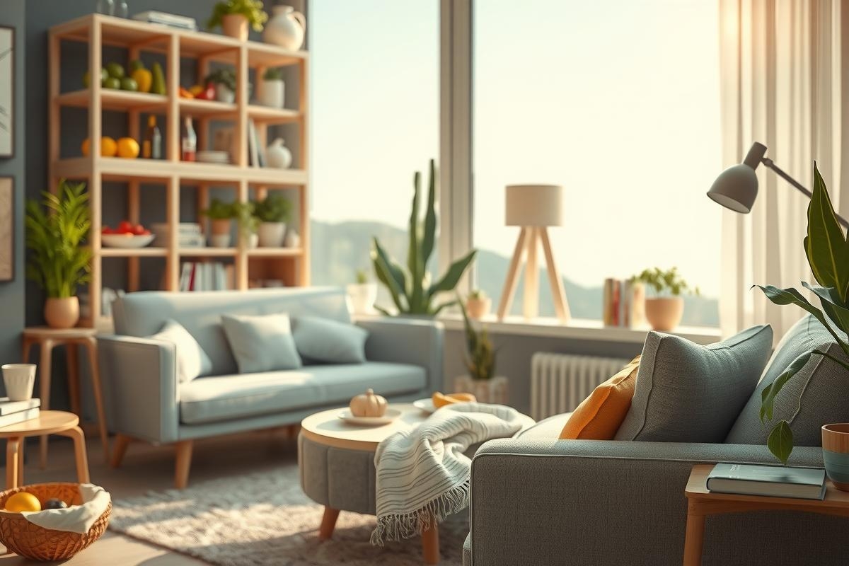 This image depicts a modern, brightly lit living room with contemporary furniture and decor. 