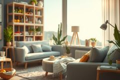 This image depicts a modern, brightly lit living room with contemporary furniture and decor. 