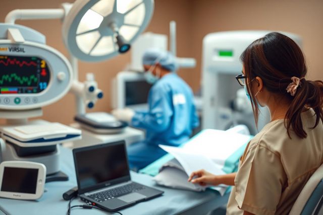 Medical professionals in an examination room with equipment. The woman is wearing glasses and looking at a laptop, while the male professional is focused on a patient's information displayed on a monitor.