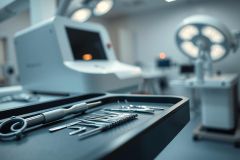 Surgical instruments on a tray in a modern operating room. Sterile environment with medical equipment, bright lights, and a blurred background. Focus on stainless steel tools, highlighting healthcare and surgical procedures.