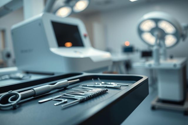 Surgical instruments on a tray in a modern operating room. Sterile environment with medical equipment, bright lights, and a blurred background. Focus on stainless steel tools, highlighting healthcare and surgical procedures.