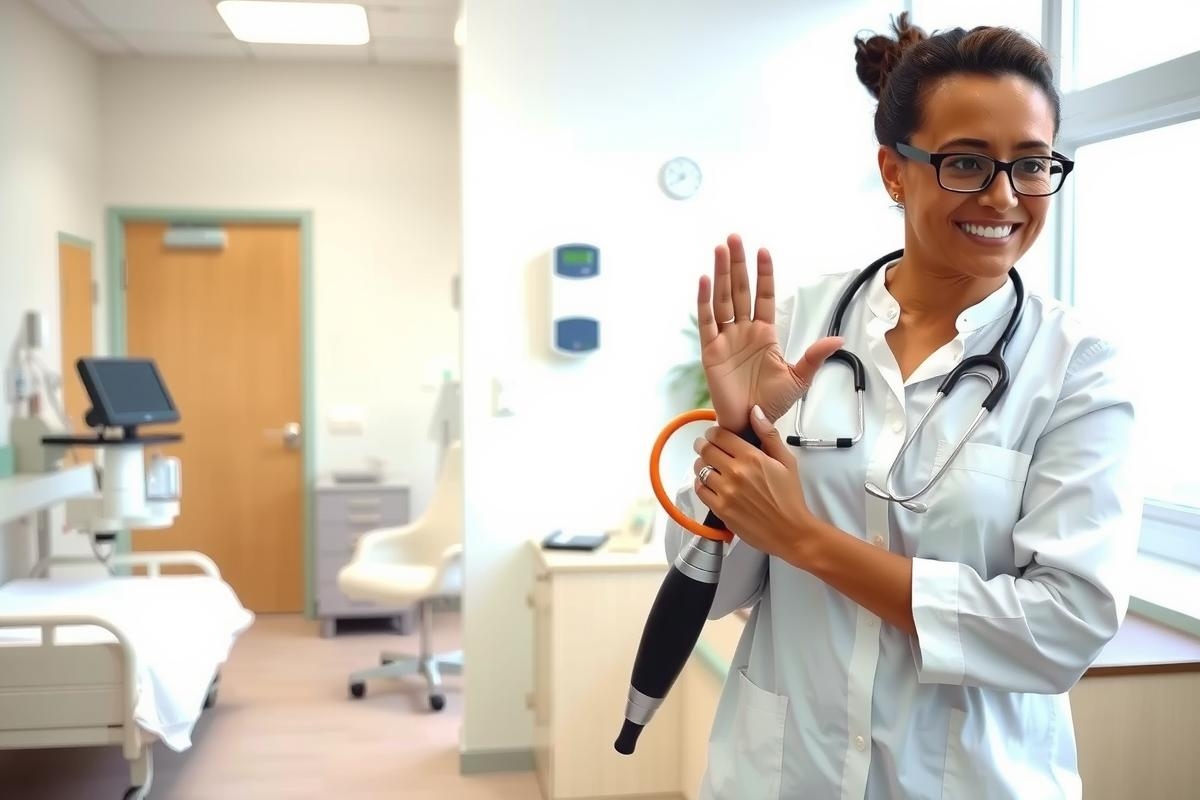 Smiling woman in white lab coat, glasses and ponytail greeting inside medical office with modern furniture, lighting and digital thermometer on wall.