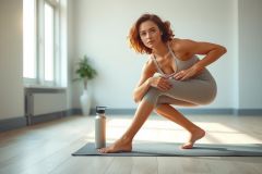 Woman in workout clothes stretching on a yoga mat in a bright room. Fitness, exercise, wellness, stretching, indoor workout, gray tones.