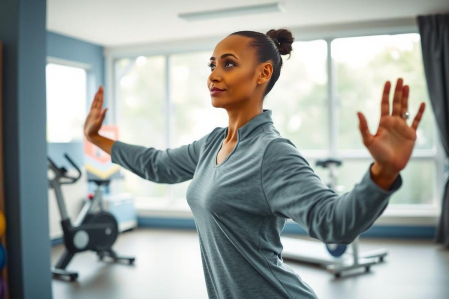 Woman in workout clothes stretching in a bright gym. Focus on fitness, exercise, and healthy lifestyle. Featuring a modern, spacious workout area with equipment in the background.