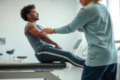 Physical therapy session: A man receiving treatment from a therapist in a bright, modern clinic. Focus on shoulder rehabilitation with blue and gray tones. Sports injury recovery and physiotherapy concept.