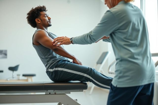 Physical therapy session: A man receiving treatment from a therapist in a bright, modern clinic. Focus on shoulder rehabilitation with blue and gray tones. Sports injury recovery and physiotherapy concept.
