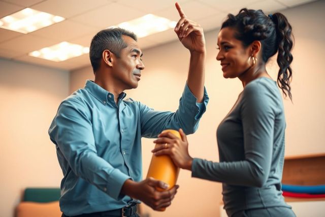 Two people interacting, one holding a ball, in a brightly lit room. Man in a blue shirt, woman in a grey shirt.  Friendly interaction, possible teamwork or training.