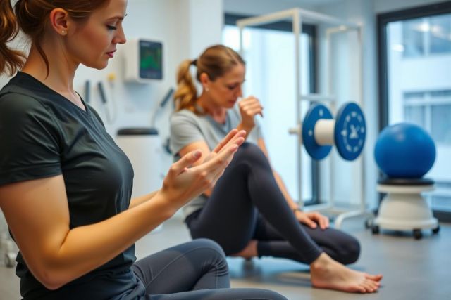 Woman in workout clothes sits in a physiotherapy or rehabilitation setting. The image shows a health and wellness environment with exercise equipment visible in the background. Focus on recovery and physical therapy.