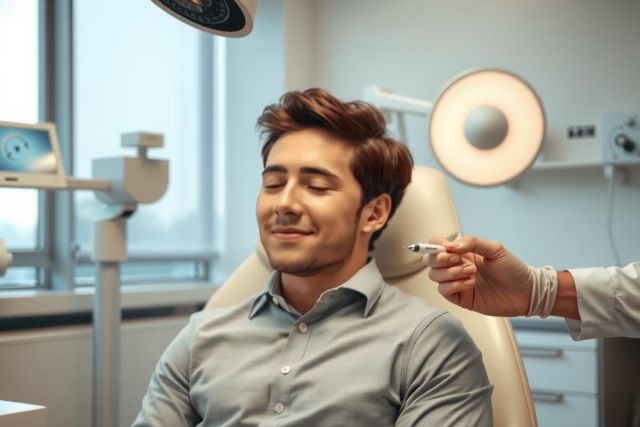 In the image, a young man is seated in a dental chair at an appointment. He appears relaxed and comfortable, closing his eyes with a slight smile on his face. A dentist or hygienist is in the process of applying a device to his mouth which might be for cleaning teeth. 