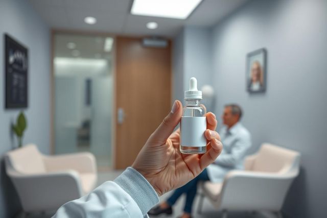 Doctor holding a vial of medicine in a modern medical clinic waiting room. Focus on the white dropper bottle, with a blurred background of a patient and neutral blue-gray walls. Healthcare, pharmaceuticals, and medical treatment concepts.