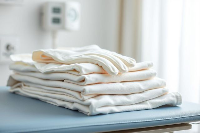 Stack of clean white linens and towels neatly folded on a blue medical examination table. A bright, sterile environment with a focus on hygiene and cleanliness. Healthcare, medical supplies, and white fabric are key elements.