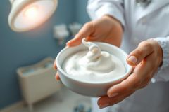 Close-up of a white bowl filled with creamy, whipped product held in hands. Soft lighting highlights the texture. The background includes a blurred medical or laboratory setting.