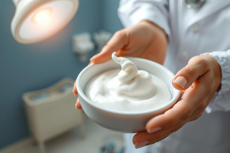 Close-up of a white bowl filled with creamy, whipped product held in hands. Soft lighting highlights the texture. The background includes a blurred medical or laboratory setting.