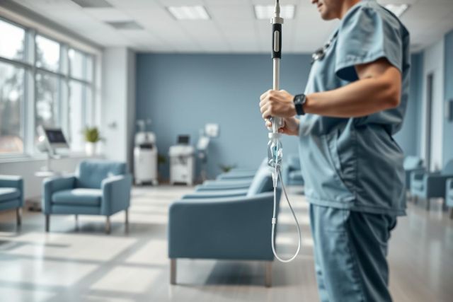 Healthcare professional in blue scrubs holding an IV drip in a modern hospital waiting room. Blue and gray tones dominate the scene, featuring comfortable seating and medical equipment. Represents patient care and medical services.