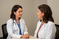 Two clinicians in white coats speaking across a consultation table, conveying a calm medical consultation.
