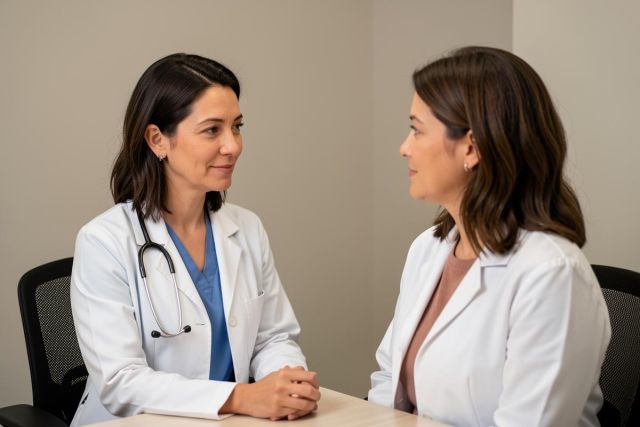 Two clinicians in white coats speaking across a consultation table, conveying a calm medical consultation.