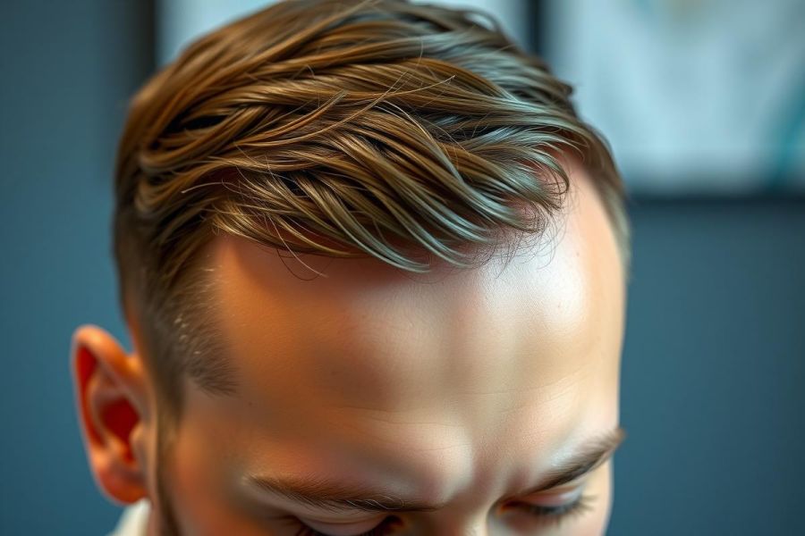 Close-up of a man's face, showcasing a modern haircut and clean-shaven style. The background is blurred, suggesting a professional setting.  Focus on detail and grooming.