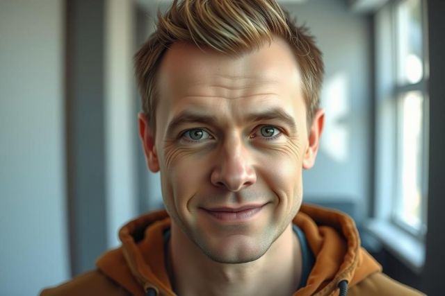 Portrait of a man with short brown hair and a kind smile, wearing an orange hoodie, against a blurred, modern interior background. Natural light highlights his face, creating a warm and inviting image.