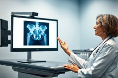 Female doctor examining an X-ray of a pelvis on a monitor in a modern medical office. The image shows bone structure in grayscale, with the doctor in a white coat analyzing the scan. Healthcare, radiology, and diagnostic imaging concepts are highlighted.