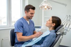 Dentist calmly explains a dental model to a seated patient in a bright, modern treatment room