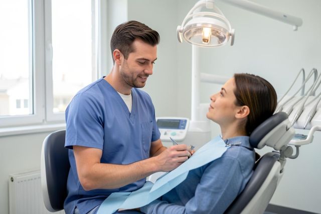 Dentist calmly explains a dental model to a seated patient in a bright, modern treatment room