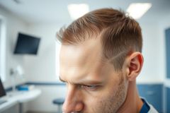 Close-up of a man with short, reddish-brown hair and a stylish haircut in a modern medical clinic. Clean white walls and a monitor in the background. Focus on hairstyle and facial profile. Healthcare, grooming, and men's style themes.