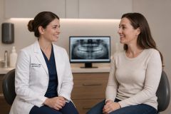 Dentist in white coat consulting smiling patient in clinic with dental X‑ray monitor.