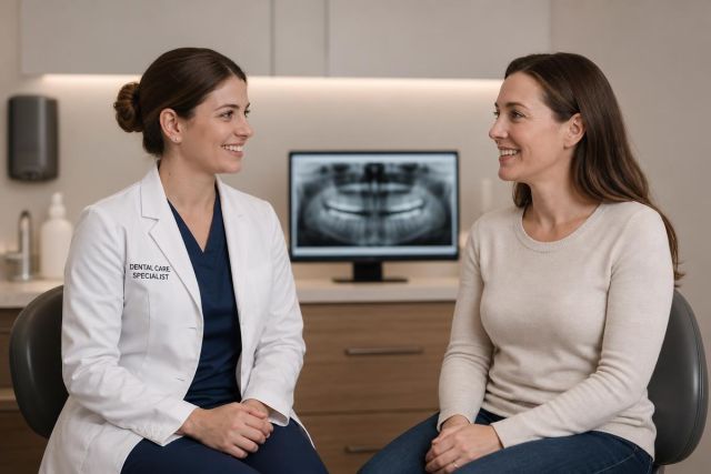 Dentist in white coat consulting smiling patient in clinic with dental X‑ray monitor.