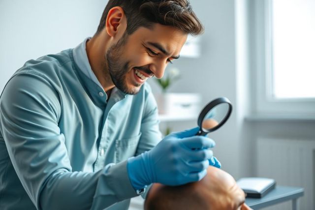 A doctor examines a patient's ear with a magnifying glass, wearing blue gloves in a medical setting. The image showcases a close-up, highlighting the professional healthcare environment.
