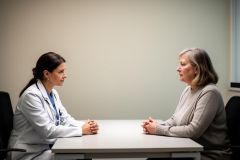Physician talking with an older patient across a clinic desk, discussing treatment options and care.